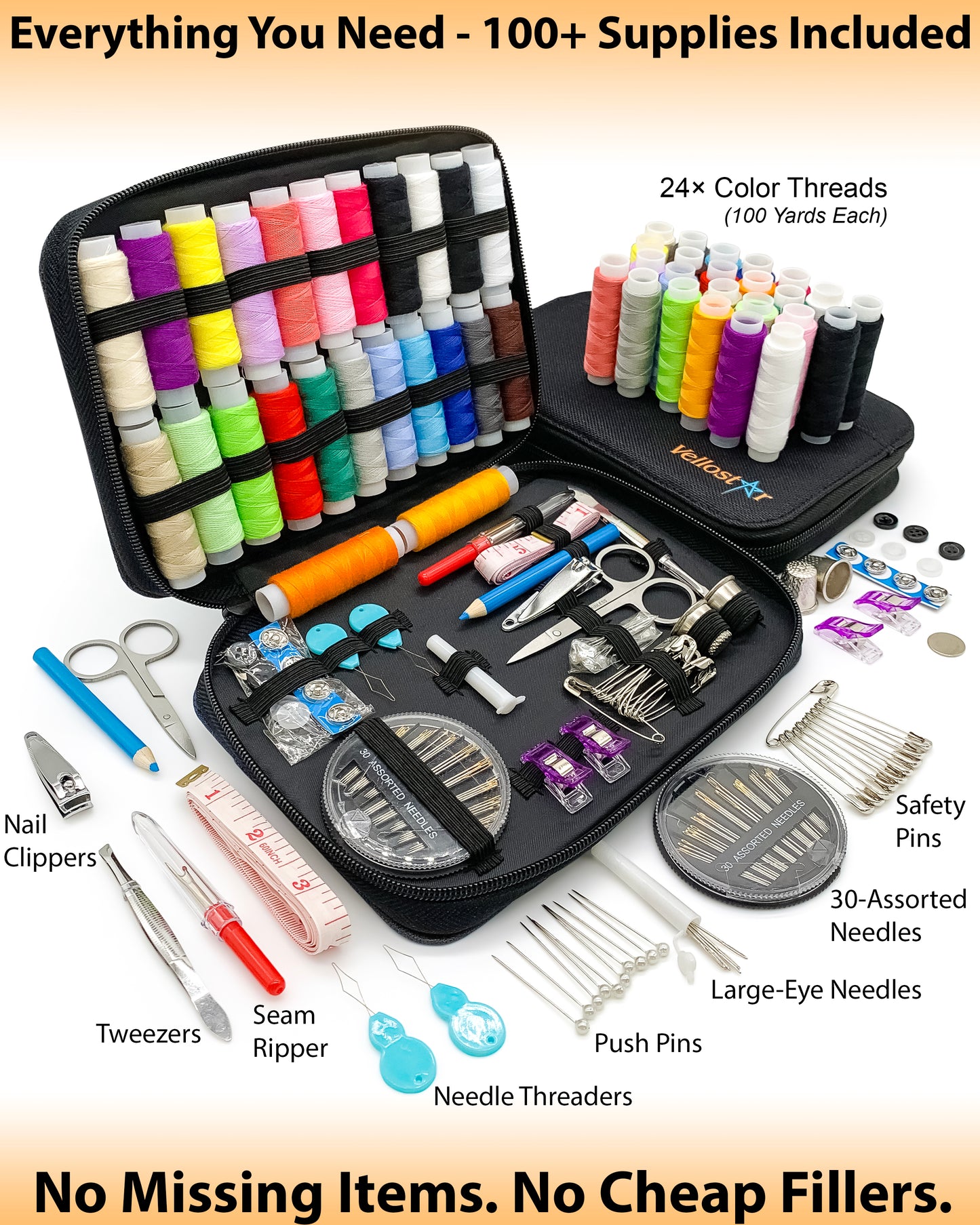 VelloStar Portable Sewing Kit – 100+ Premium Tools for Clothing Repairs (Black)