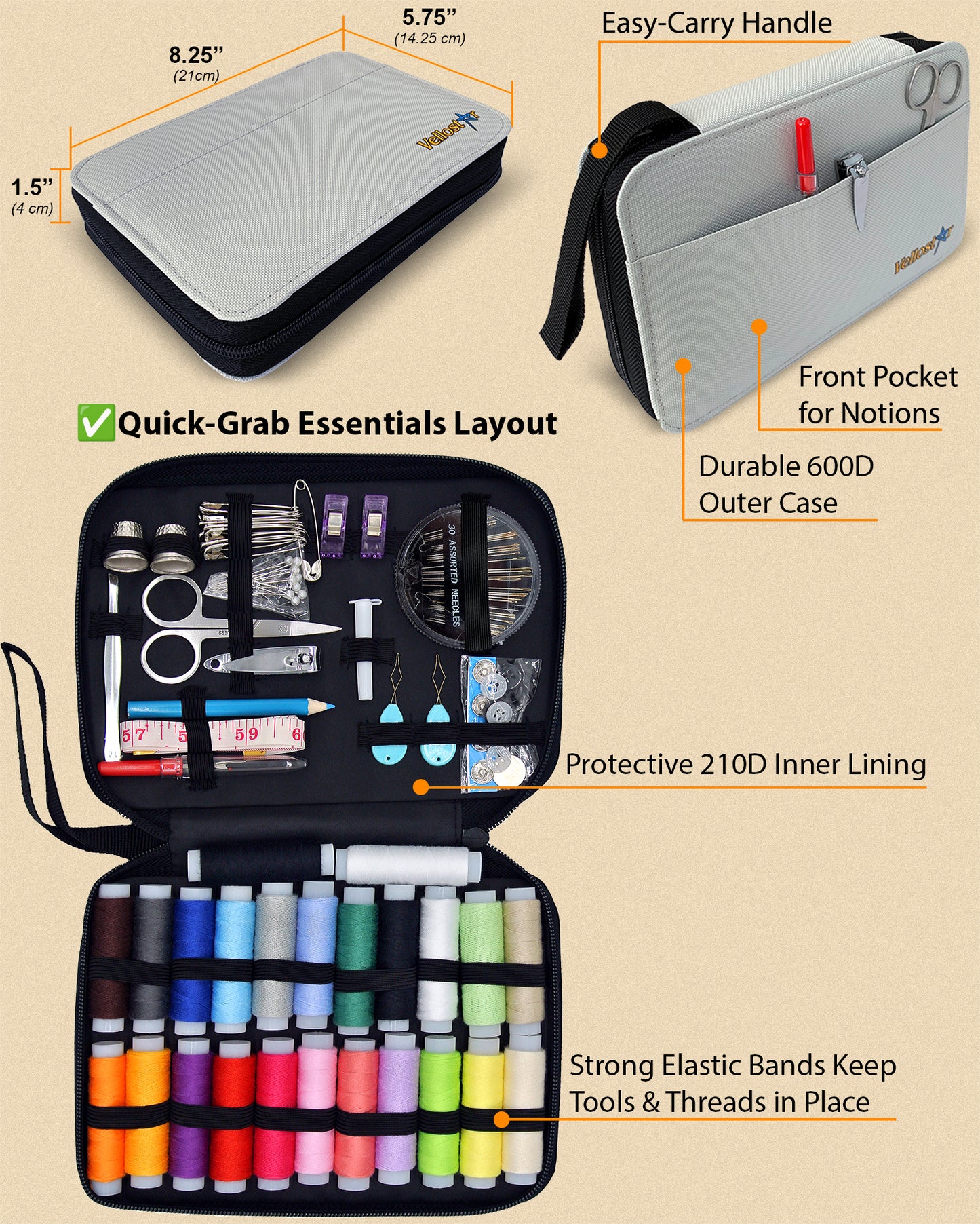 VelloStar Portable Sewing Kit – 100+ Essential Tools for Clothing Repairs (Light Grey)