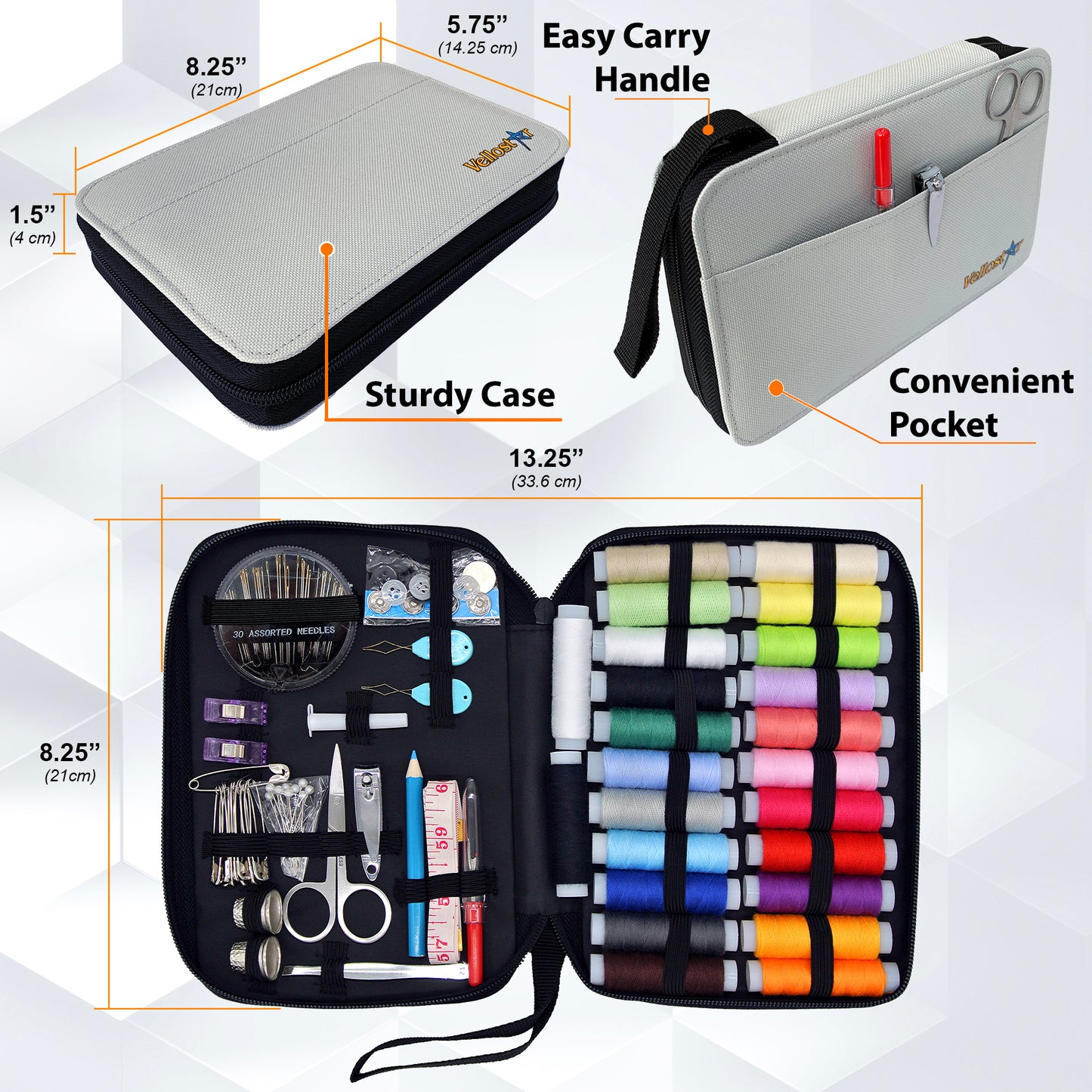 VelloStar Portable Sewing Kit – 100+ Essential Tools for Clothing Repairs (Light Grey)