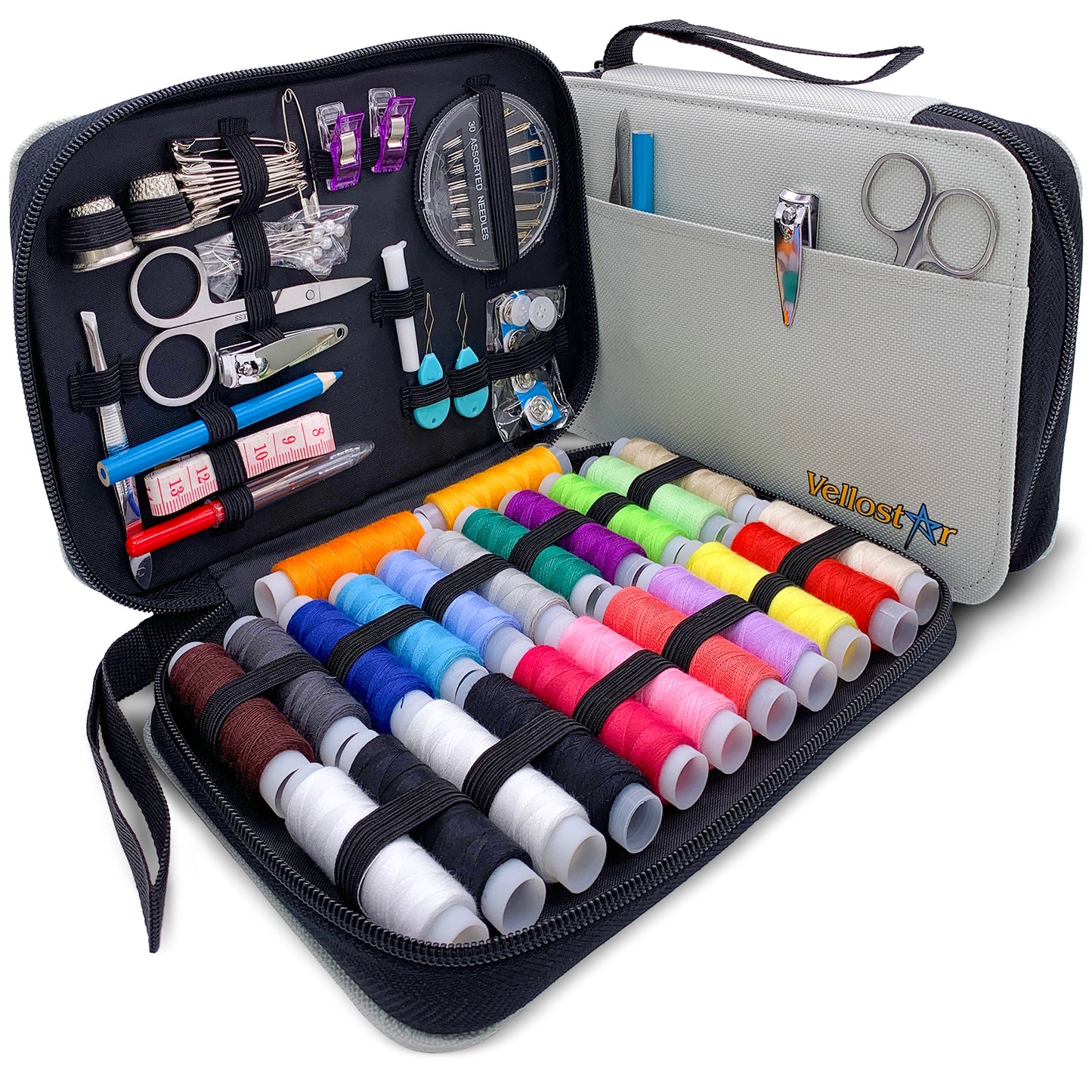 VelloStar Portable Sewing Kit – 100+ Essential Tools for Clothing Repairs (Light Grey)