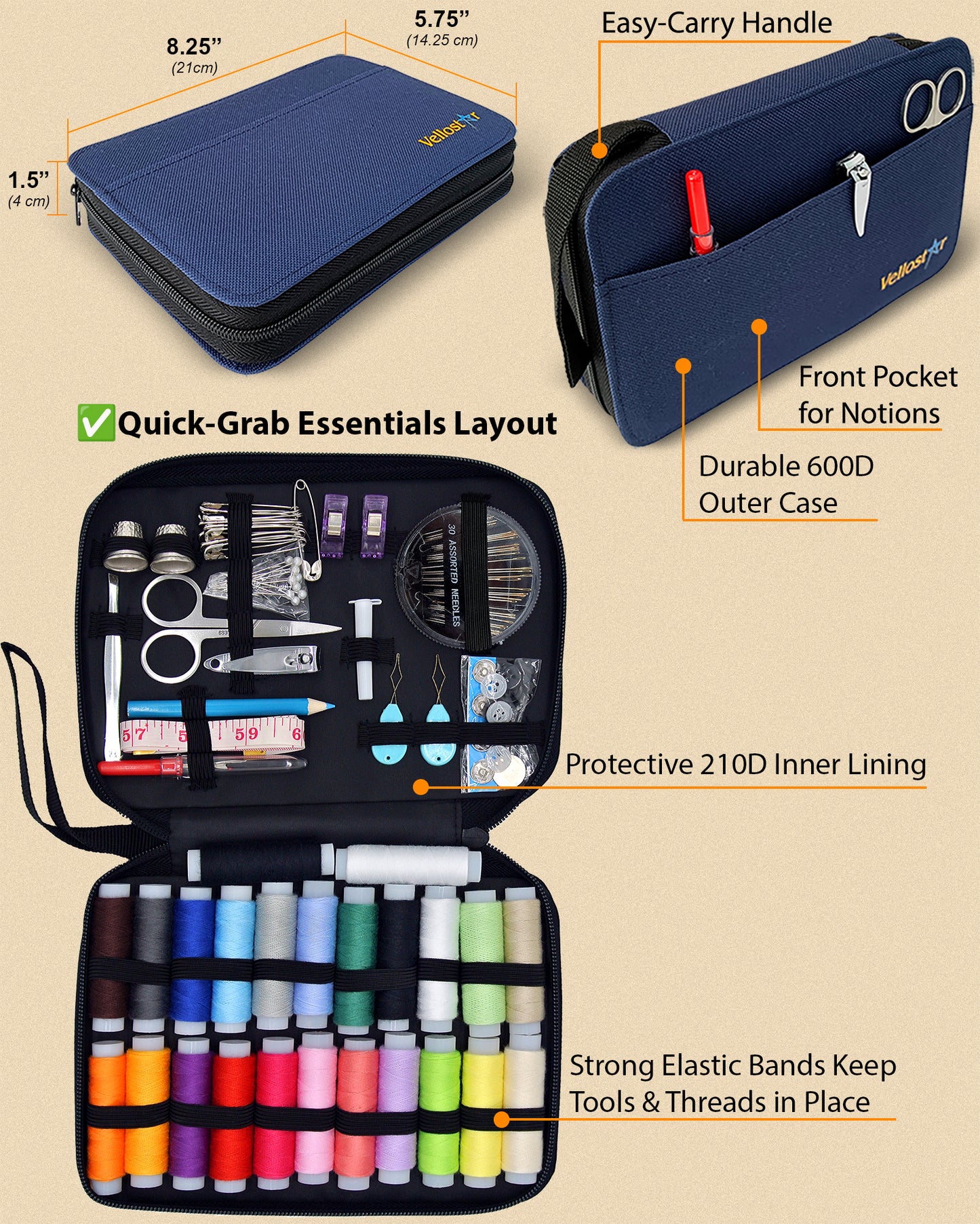 VelloStar Portable Sewing Kit – 100+ Essential Tools for Clothing Repairs (Navy Blue)