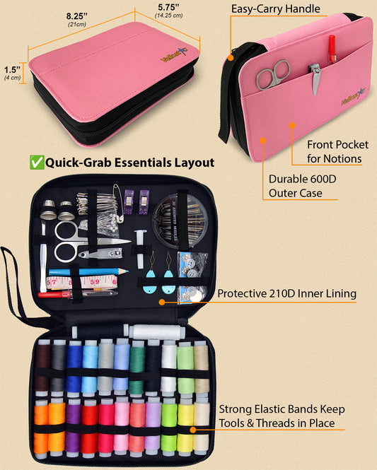 VelloStar Portable Pink Sewing Kit – 100+ Essential Tools for Clothing Repairs (Pink)