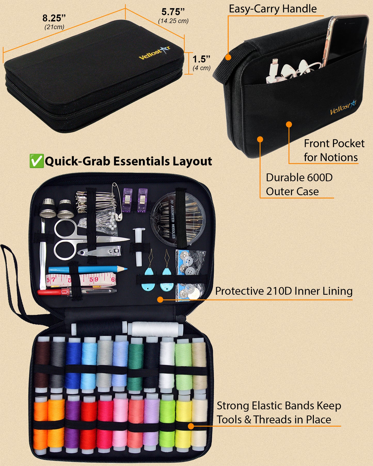 VelloStar Portable Sewing Kit – 100+ Premium Tools for Clothing Repairs (Black)