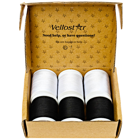 VelloStar All-Purpose Sewing Thread Kit – Black & White Polyester Thread, 6 Full-Size Spools (400 Yards Each)