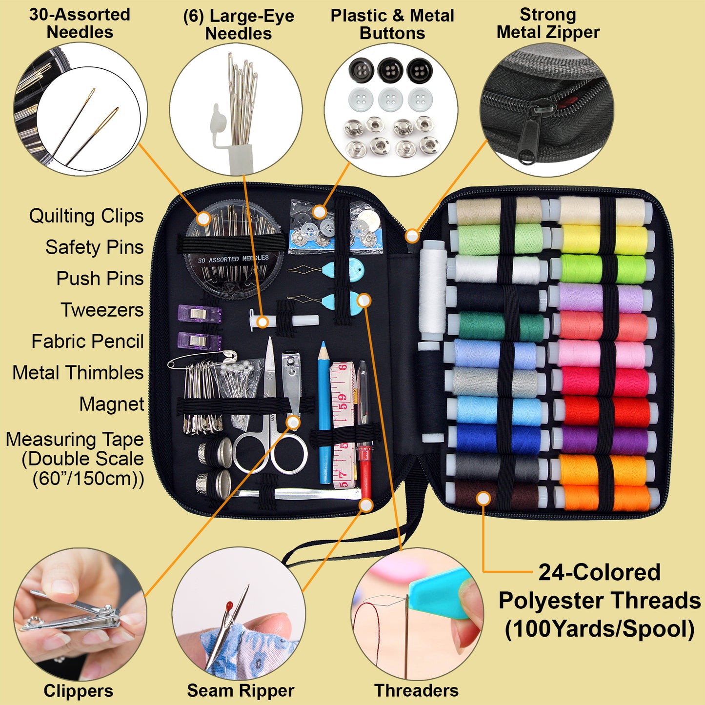 VelloStar Portable Sewing Kit – 100+ Premium Tools for Clothing Repairs (Black)