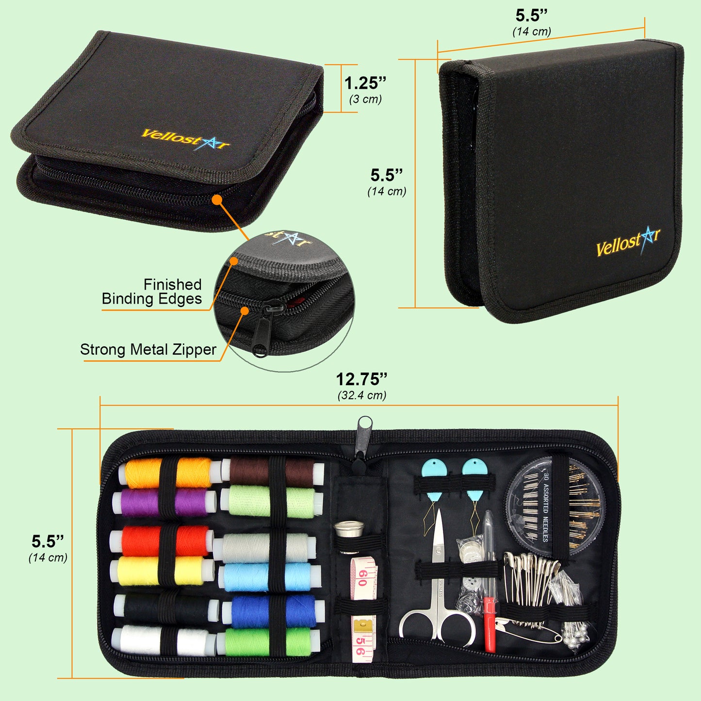 VelloStar Small Portable Sewing Kit – Compact Travel Sewing Set with 12 Threads & 75+ Tools (Black)