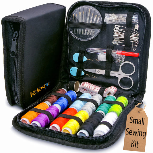 VelloStar Small Portable Sewing Kit – Compact Travel Sewing Set with 12 Threads & 75+ Tools (Black)