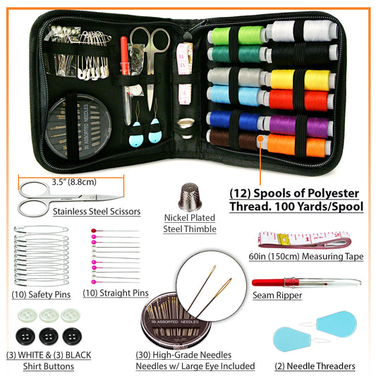 VelloStar Small Portable Sewing Kit – Compact Travel Sewing Set with 12 Threads & 75+ Tools (Black)