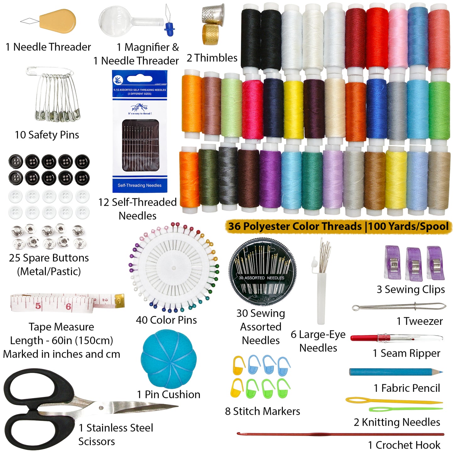 VelloStar Large Sewing Kit – 200+ Premium Tools & 36 Threads for Home Clothing Repairs (Black)