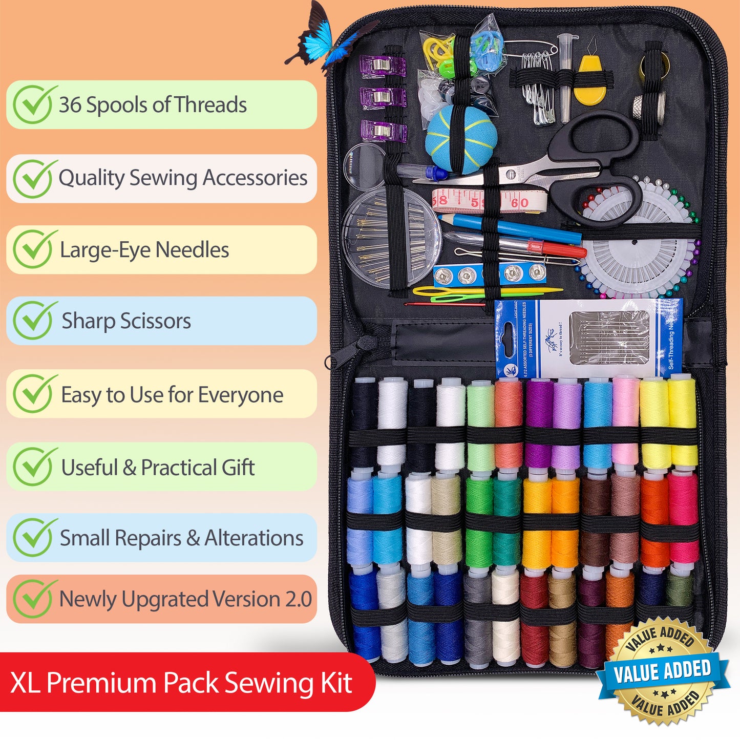 VelloStar Large Sewing Kit – 200+ Premium Tools & 36 Threads for Home Clothing Repairs (Black)
